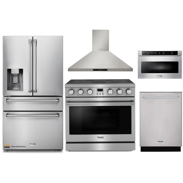 Thor Kitchen A-Series 5-Piece Appliance Package - 36-Inch Electric Range, Wall Mount Range Hood, Refrigerator with Water Dispenser, Dishwasher, and Microwave in Stainless Steel