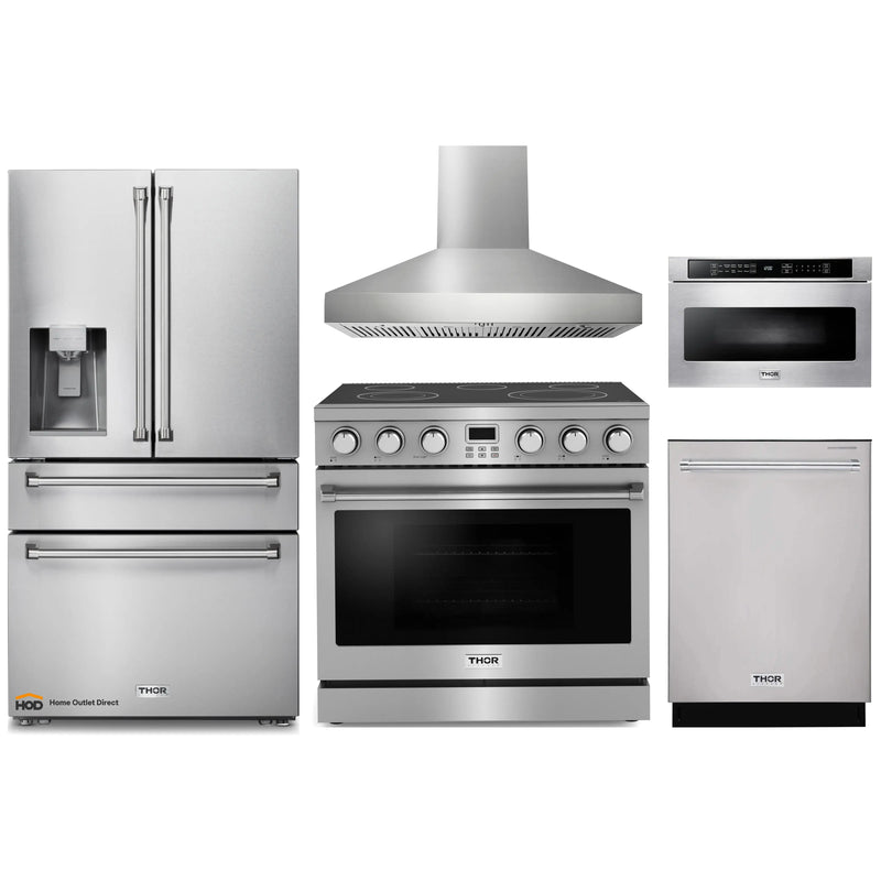 Thor Kitchen A-Series 5-Piece Appliance Package - 36-Inch Electric Range, Pro-Style Wall Mount Range Hood, Refrigerator with Water Dispenser, Dishwasher, and Microwave in Stainless Steel