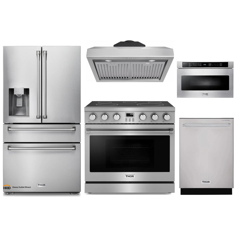 Thor Kitchen A-Series 5-Piece Appliance Package - 36-Inch Electric Range, Under Cabinet Range Hood, Refrigerator with Water Dispenser, Dishwasher, and Microwave in Stainless Steel