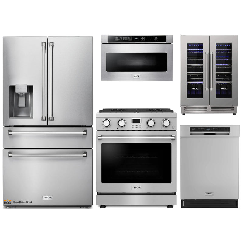 Thor Kitchen A-Series 5-Piece Appliance Package - 30-Inch Gas Range, Refrigerator with Water Dispenser, Dishwasher, Microwave, and Wine Cooler in Stainless Steel