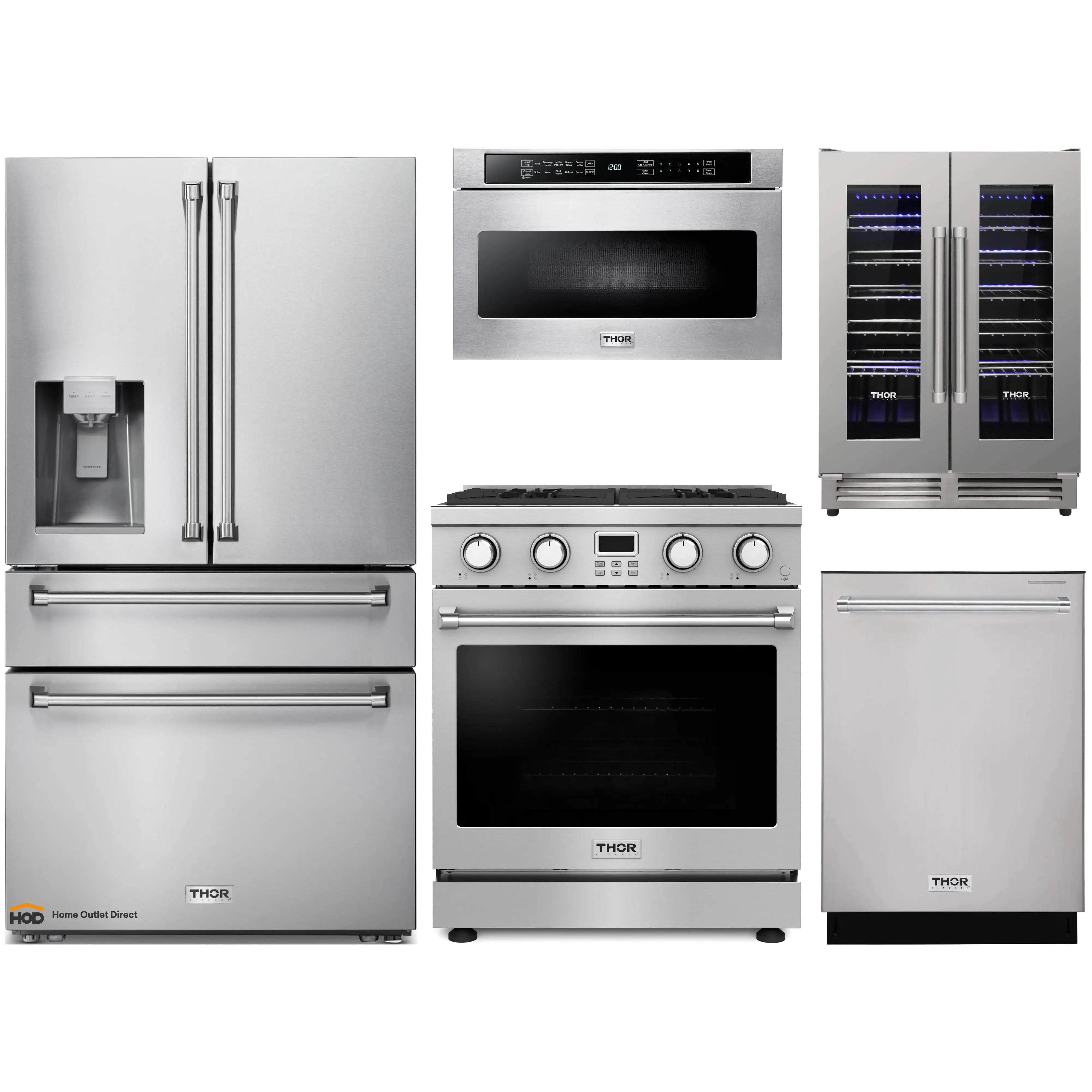 Thor Kitchen A-Series 5-Piece Appliance Package - 30-Inch Gas Range, Refrigerator with Water Dispenser, Dishwasher, Microwave, and Wine Cooler in Stainless Steel