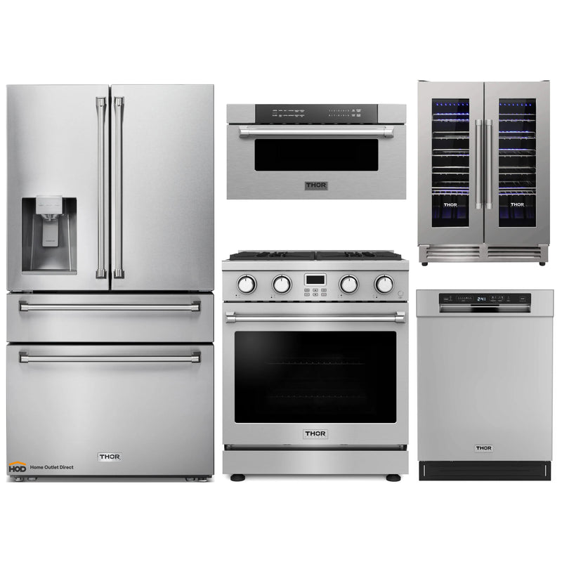 Thor Kitchen A-Series 5-Piece Appliance Package - 30-Inch Gas Range, Refrigerator with Water Dispenser, Dishwasher, Microwave Drawer and Wine Cooler in Stainless Steel