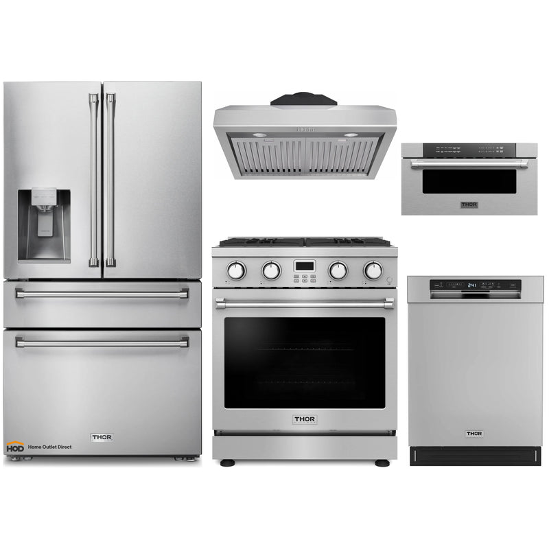 Thor Kitchen A-Series 5-Piece Appliance Package - 30-Inch Gas Range, Under Cabinet Range Hood, Refrigerator with Water Dispenser, Dishwasher and Microwave Drawer in Stainless Steel