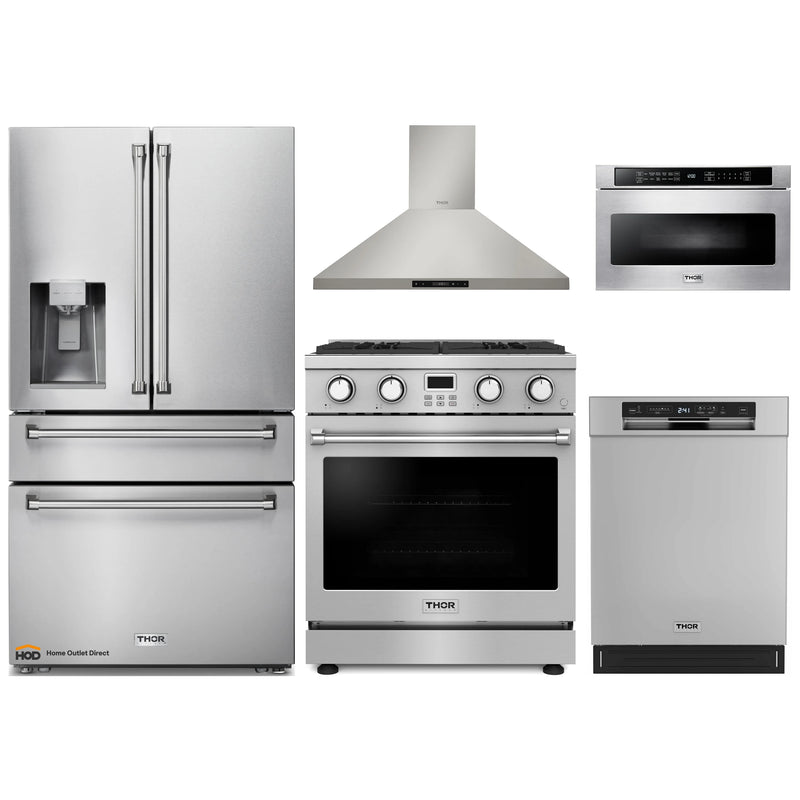 Thor Kitchen A-Series 5-Piece Appliance Package - 30-Inch Gas Range, Wall Mount Range Hood, Refrigerator with Water Dispenser, Dishwasher, and Microwave in Stainless Steel