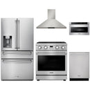 Thor Kitchen A-Series 5-Piece Appliance Package - 30-Inch Propane Gas Range, Wall Mount Range Hood, Refrigerator with Water Dispenser, Dishwasher, and Microwave in Stainless Steel