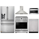 Thor Kitchen A-Series 5-Piece Appliance Package - 30-Inch Propane Gas Range, Wall Mount Range Hood, Refrigerator with Water Dispenser, Dishwasher, and Microwave in Stainless Steel
