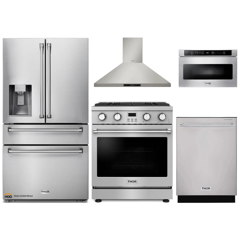 Thor Kitchen A-Series 5-Piece Appliance Package - 30-Inch Gas Range, Wall Mount Range Hood, Refrigerator with Water Dispenser, Dishwasher, and Microwave in Stainless Steel