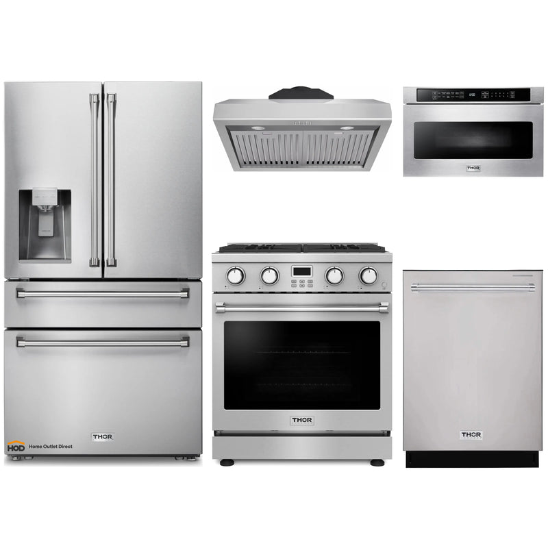 Thor Kitchen A-Series 5-Piece Appliance Package - 30-Inch Gas Range, Under Cabinet Range Hood, Refrigerator with Water Dispenser, Dishwasher, and Microwave in Stainless Steel