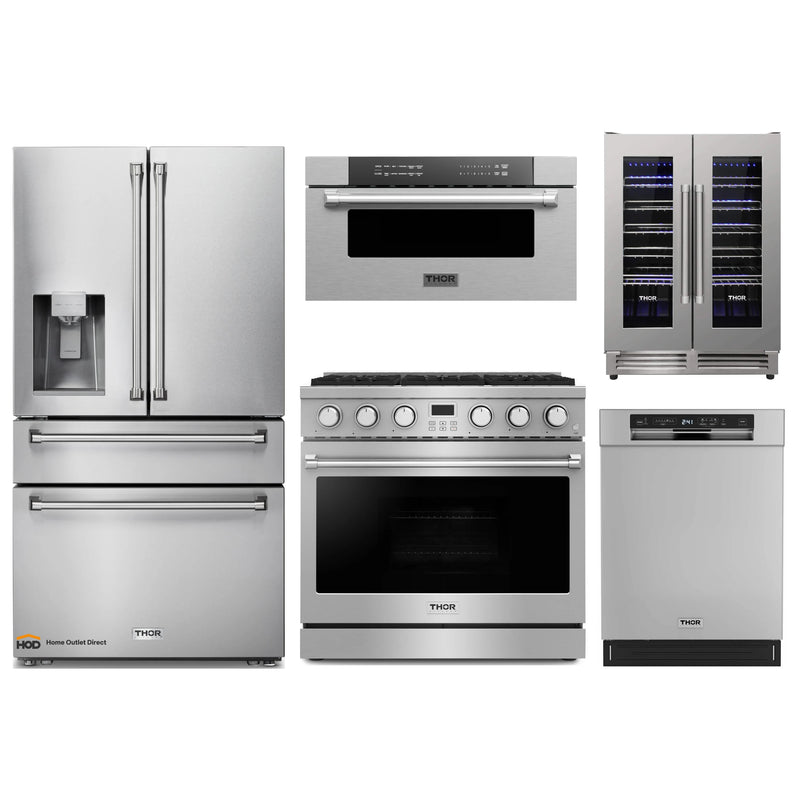 Thor Kitchen A-Series 5-Piece Appliance Package - 36-Inch Gas Range, Refrigerator with Water Dispenser, Dishwasher, Microwave Drawer and Wine Cooler in Stainless Steel