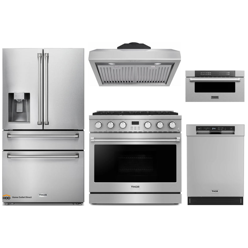 Thor Kitchen A-Series 5-Piece Appliance Package - 36-Inch Gas Range, Under Cabinet Range Hood, Refrigerator with Water Dispenser, Dishwasher and Microwave Drawer in Stainless Steel