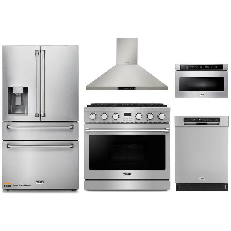 Thor Kitchen A-Series 5-Piece Appliance Package - 36-Inch Gas Range, Wall Mount Range Hood, Refrigerator with Water Dispenser, Dishwasher, and Microwave in Stainless Steel