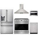 Thor Kitchen A-Series 5-Piece Appliance Package - 36-Inch Propane Gas Range, Wall Mount Range Hood, Refrigerator with Water Dispenser, Dishwasher, and Microwave in Stainless Steel
