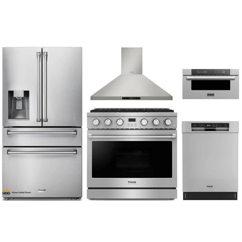 Thor Kitchen A-Series 5-Piece Appliance Package - 36-Inch Gas Range, Wall Mount Range Hood, Refrigerator with Water Dispenser, Dishwasher and Microwave Drawer in Stainless Steel