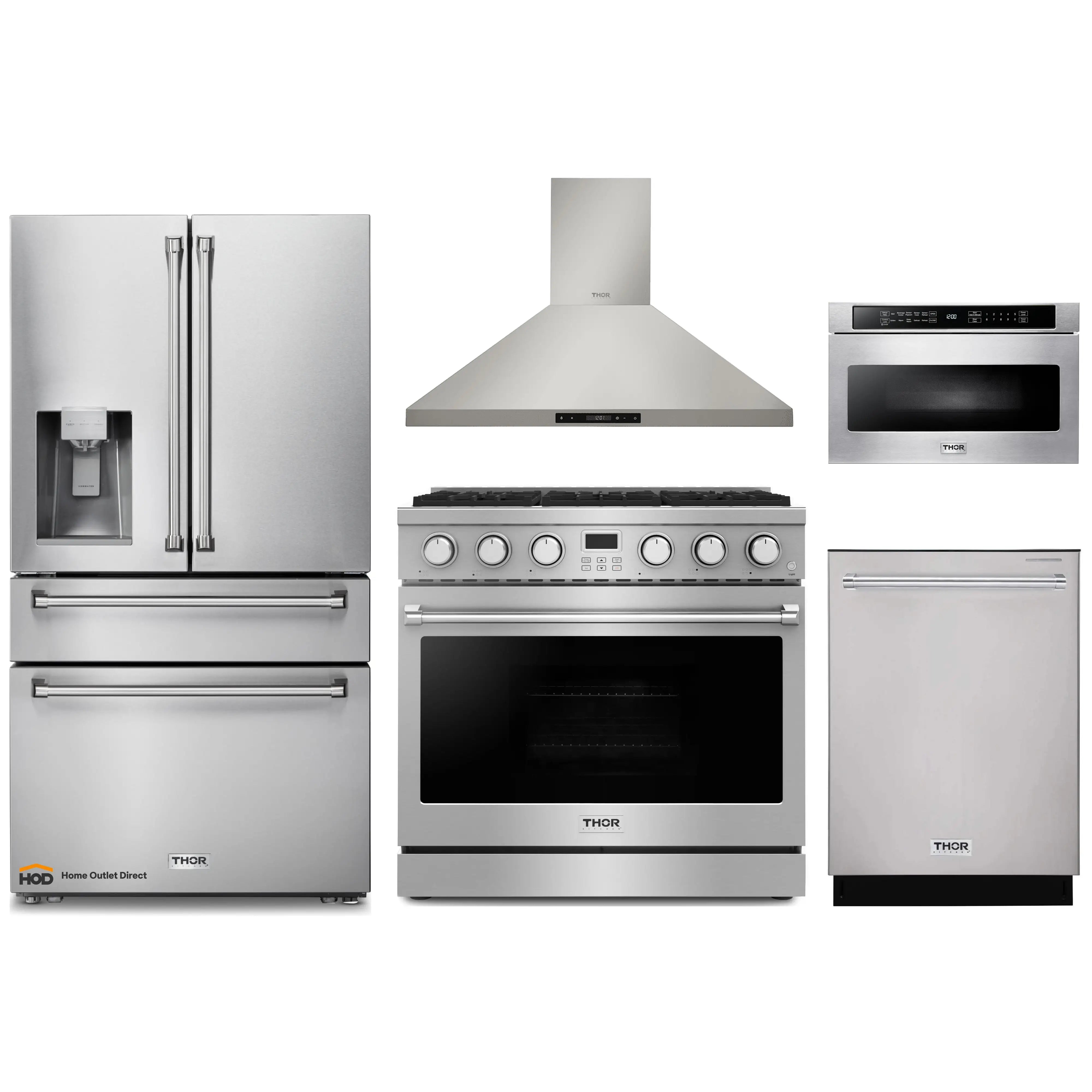 Thor Kitchen A-Series 5-Piece Appliance Package - 36-Inch Gas Range, Wall Mount Range Hood, Refrigerator with Water Dispenser, Dishwasher, and Microwave in Stainless Steel