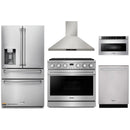Thor Kitchen A-Series 5-Piece Appliance Package - 36-Inch Propane Gas Range, Wall Mount Range Hood, Refrigerator with Water Dispenser, Dishwasher, and Microwave in Stainless Steel