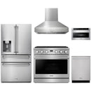 Thor Kitchen A-Series 5-Piece Appliance Package - 36-Inch Propane Gas Range, Pro-Style Wall Mount Range Hood, Refrigerator with Water Dispenser, Dishwasher, and Microwave in Stainless Steel