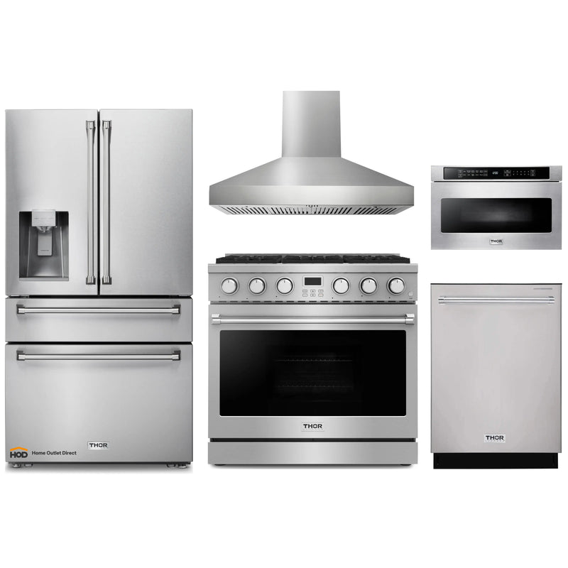 Thor Kitchen A-Series 5-Piece Appliance Package - 36-Inch Gas Range, Pro-Style Wall Mount Range Hood, Refrigerator with Water Dispenser, Dishwasher, and Microwave in Stainless Steel