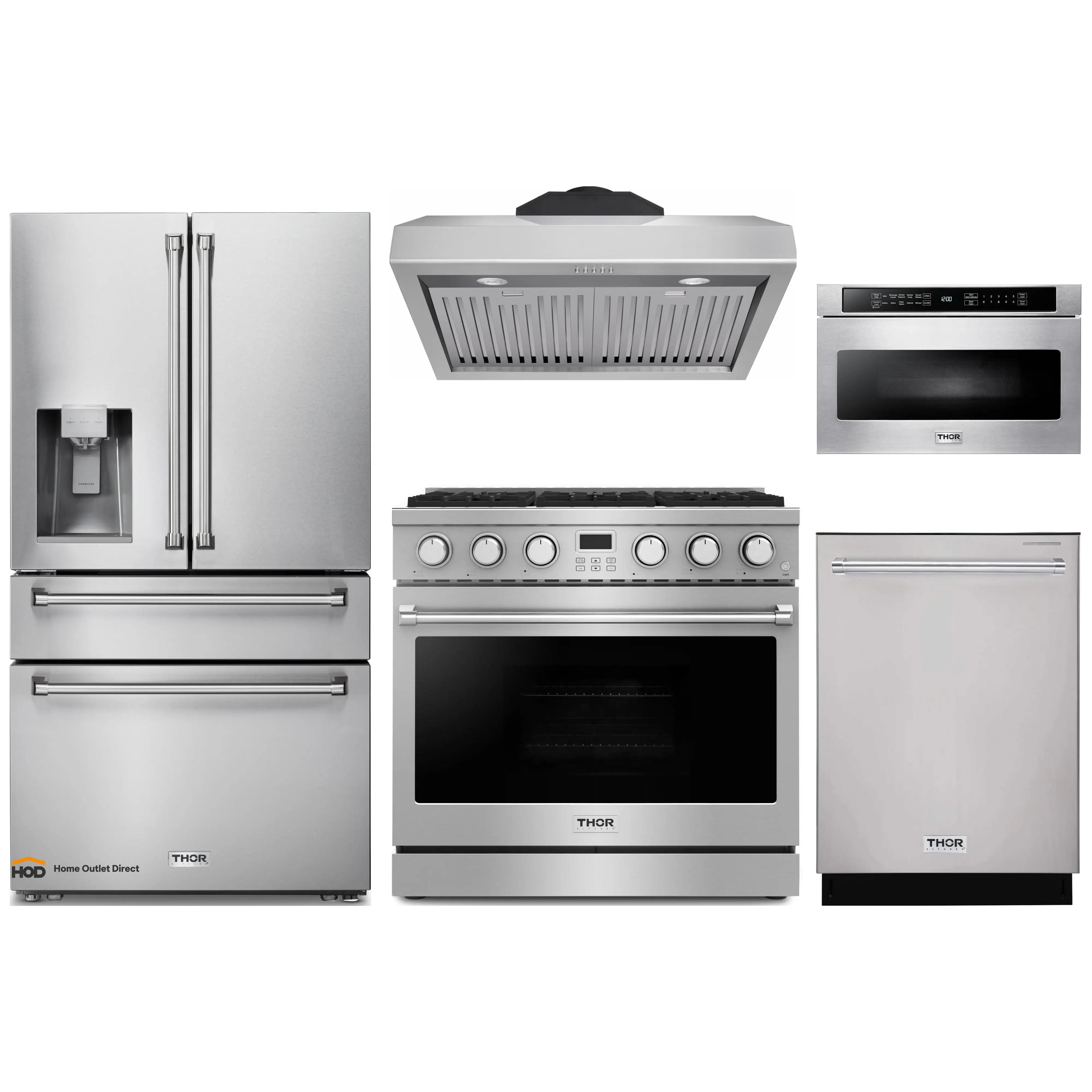 Thor Kitchen A-Series 5-Piece Appliance Package - 36-Inch Gas Range, Under Cabinet Range Hood, Refrigerator with Water Dispenser, Dishwasher, and Microwave in Stainless Steel