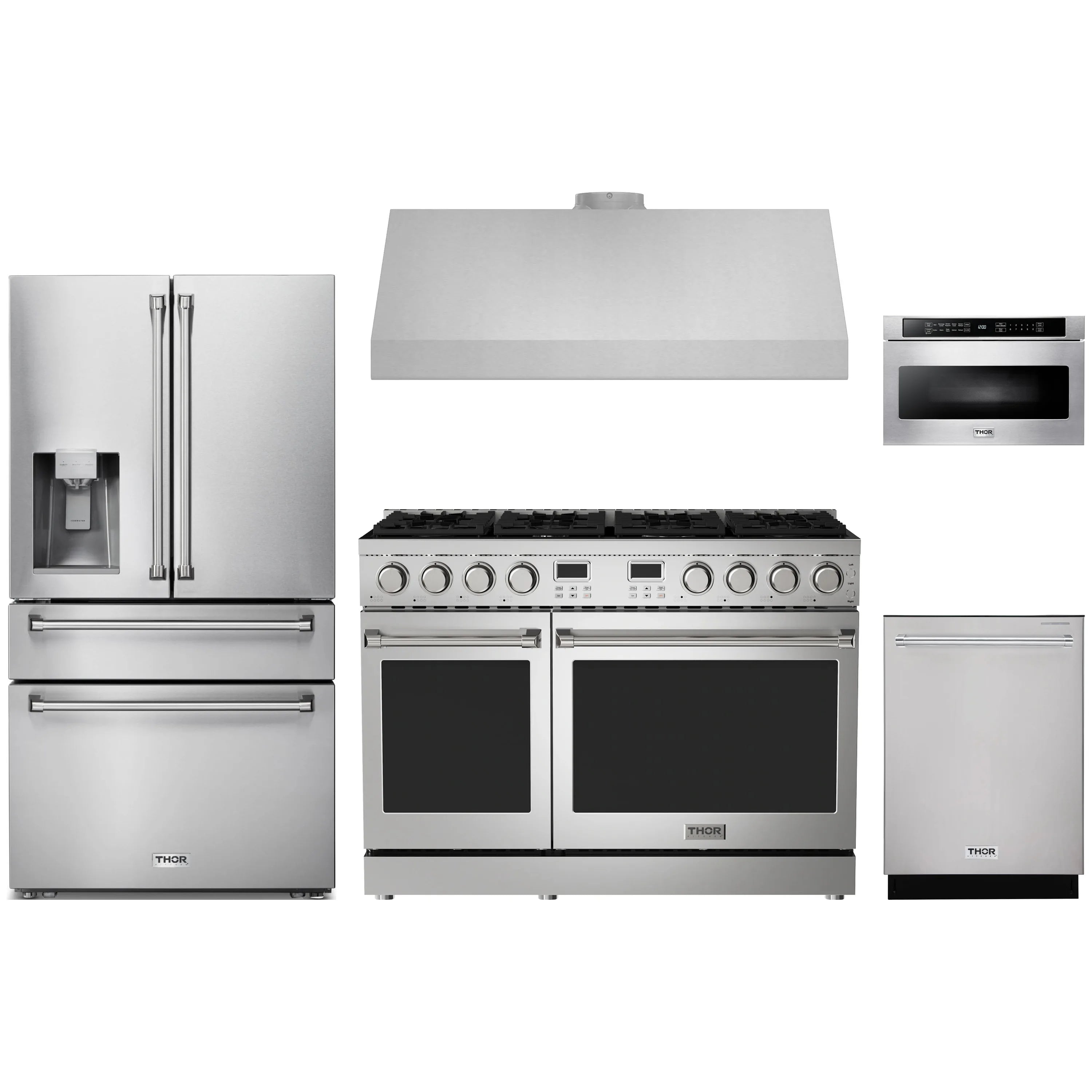 Stainless steel appliance package with refrigerator, dishwasher, microwave, and propane range + hood