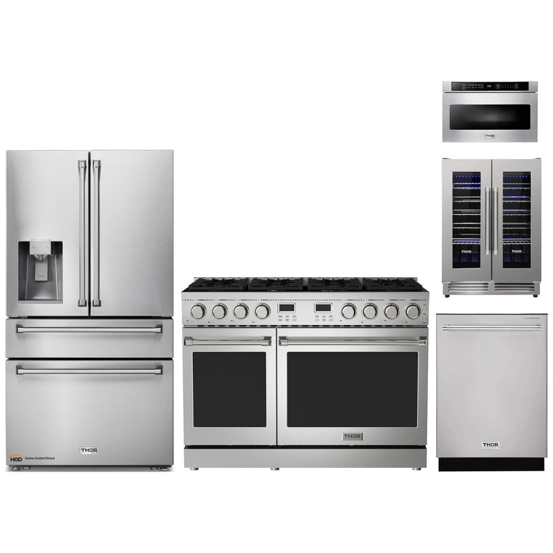 Thor Kitchen A-Series 5-Piece Appliance Package - 48-Inch Propane Gas Range, Refrigerator with Water Dispenser, Dishwasher, Microwave, and Wine Cooler in Stainless Steel
