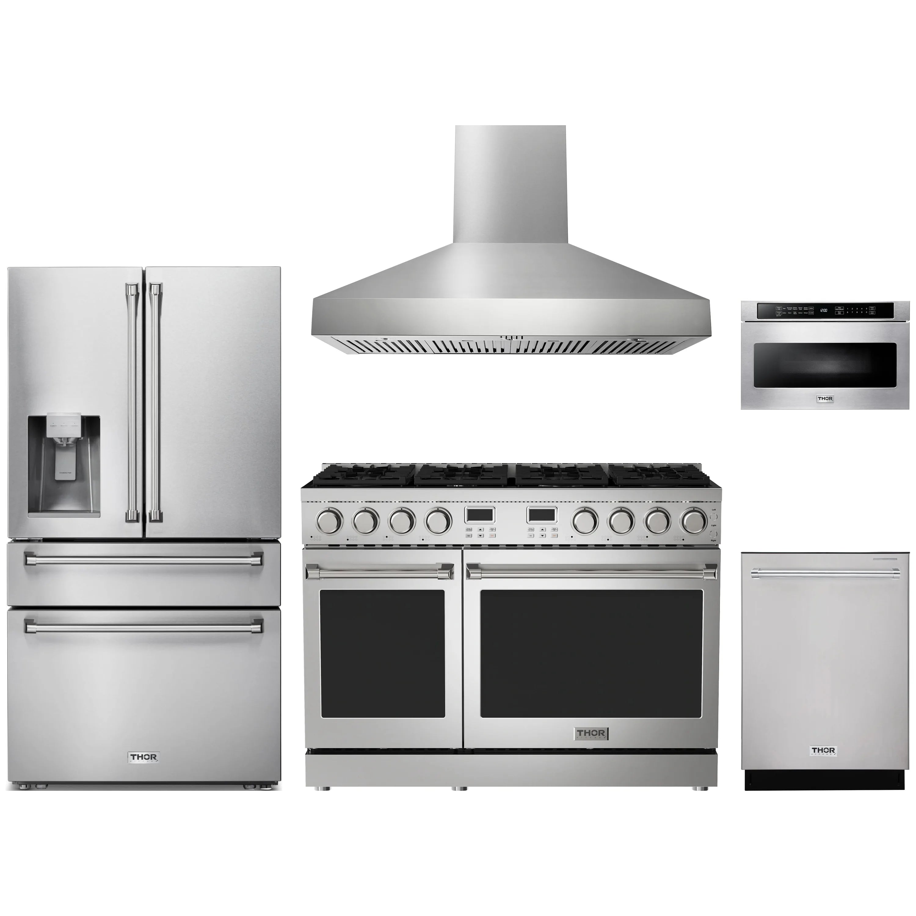 Thor Kitchen stainless steel appliance package with range hood, range, fridge, dishwasher, microwave