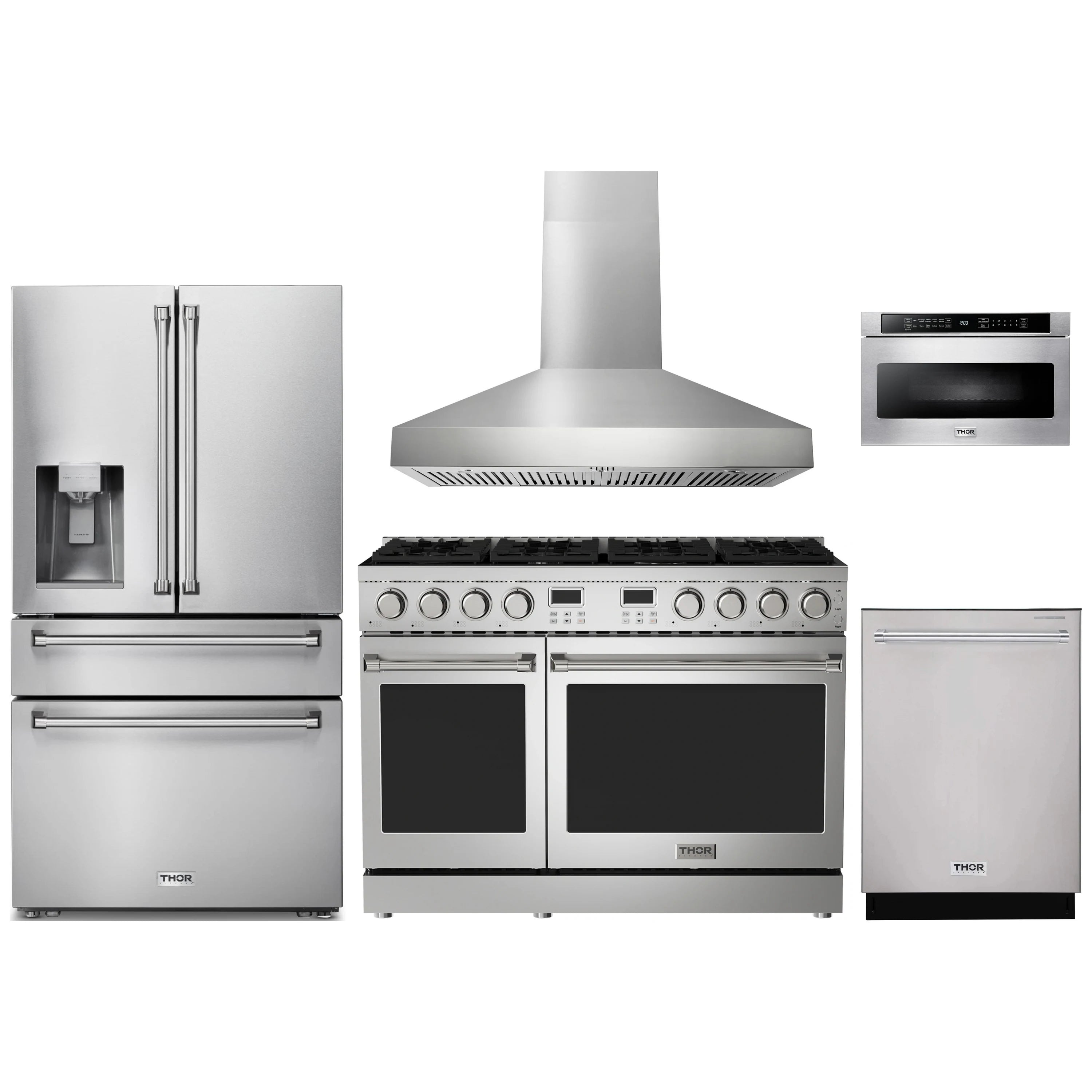 Stainless steel appliance package with refrigerator, microwave, dishwasher, hood, and gas range