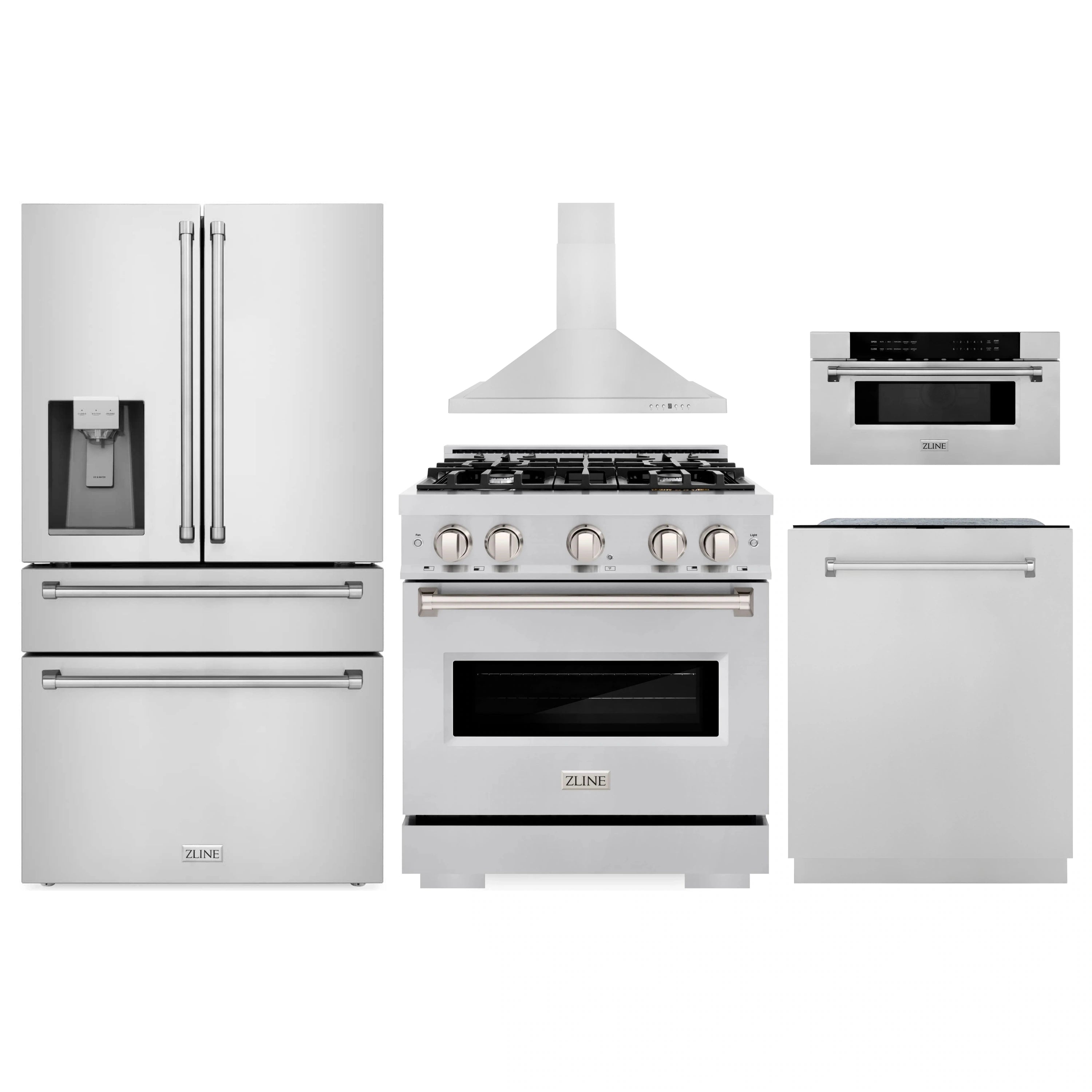 Stainless steel appliance set: French door refrigerator, freestanding range, dishwasher