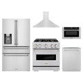 ZLINE 5-Piece Appliance Package - 30-Inch Dual Fuel Range, Hood, Refrigerator with Water Dispenser, Dishwasher, and Microwave Drawer in Stainless Steel
