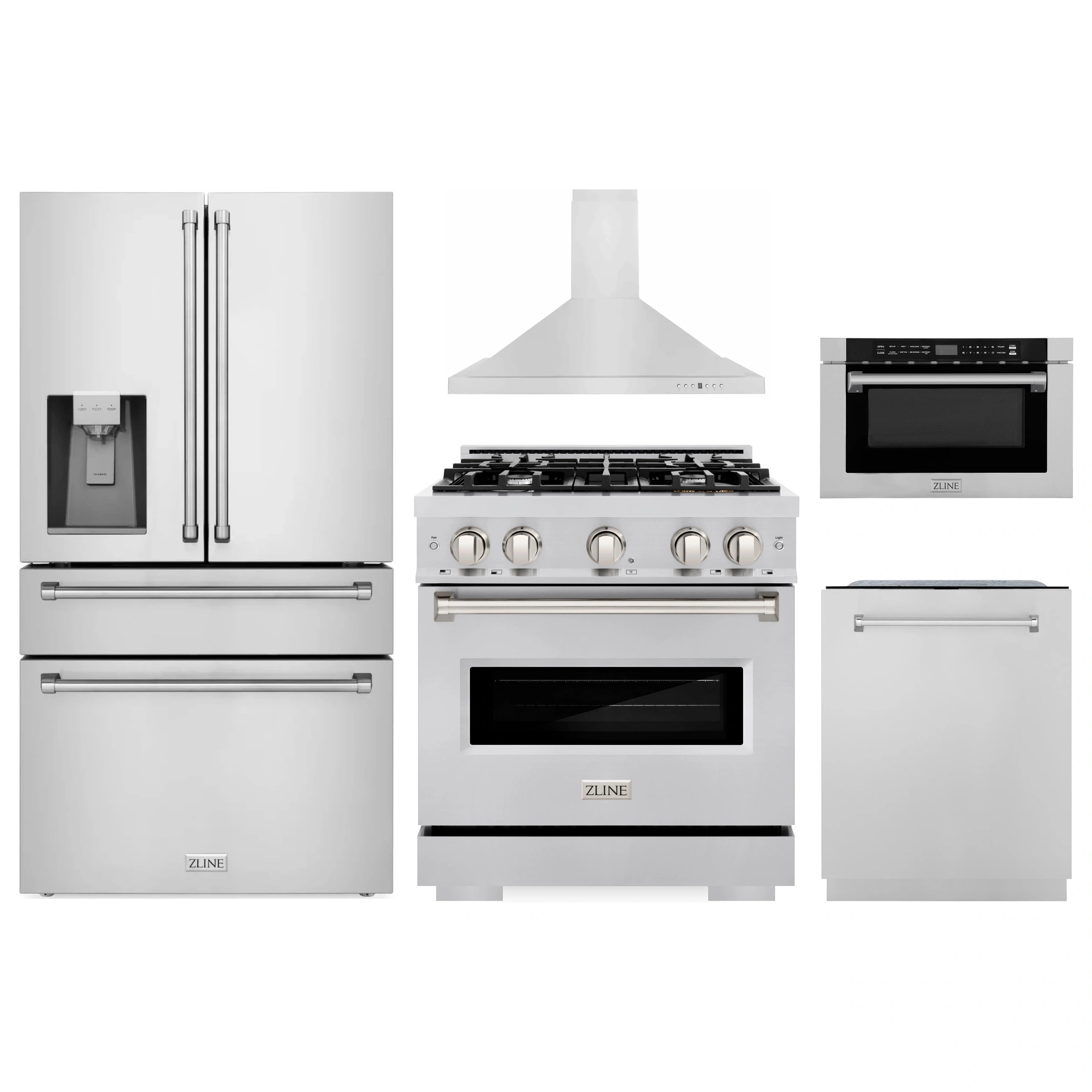 Stainless steel kitchen appliance package with range, hood, refrigerator, dishwasher, drawer microwave