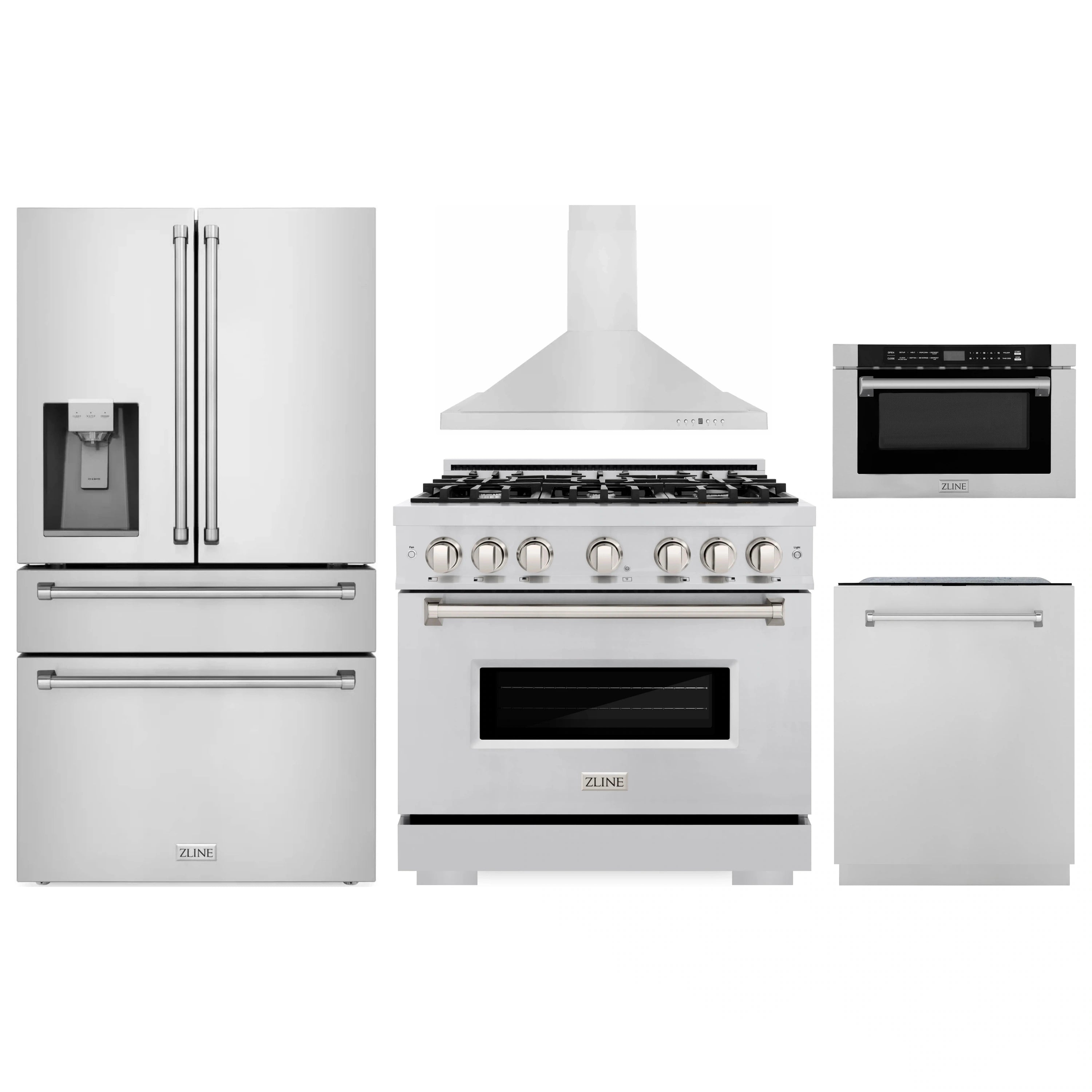 Stainless kitchen appliance set: range, hood, microwave drawer, dishwasher, refrigerator
