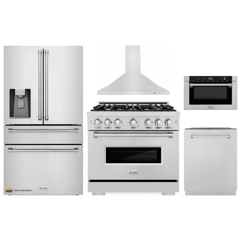 ZLINE 5-Piece Appliance Package - 36-Inch Dual Fuel Range, Hood, Refrigerator with Water Dispenser, Dishwasher, and Microwave Drawer in Stainless Steel