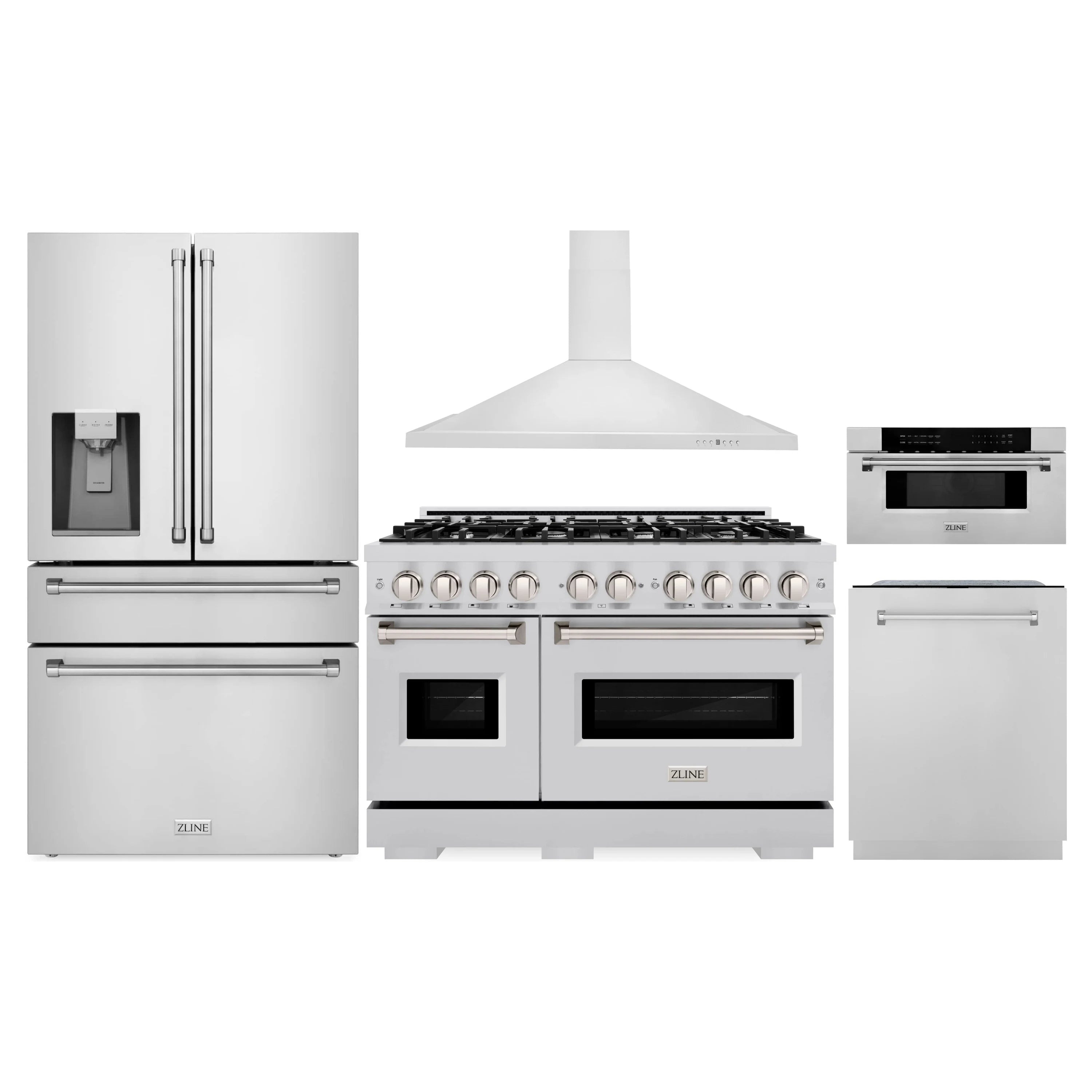 Stainless steel appliance set with range, hood, oven, and refrigerator