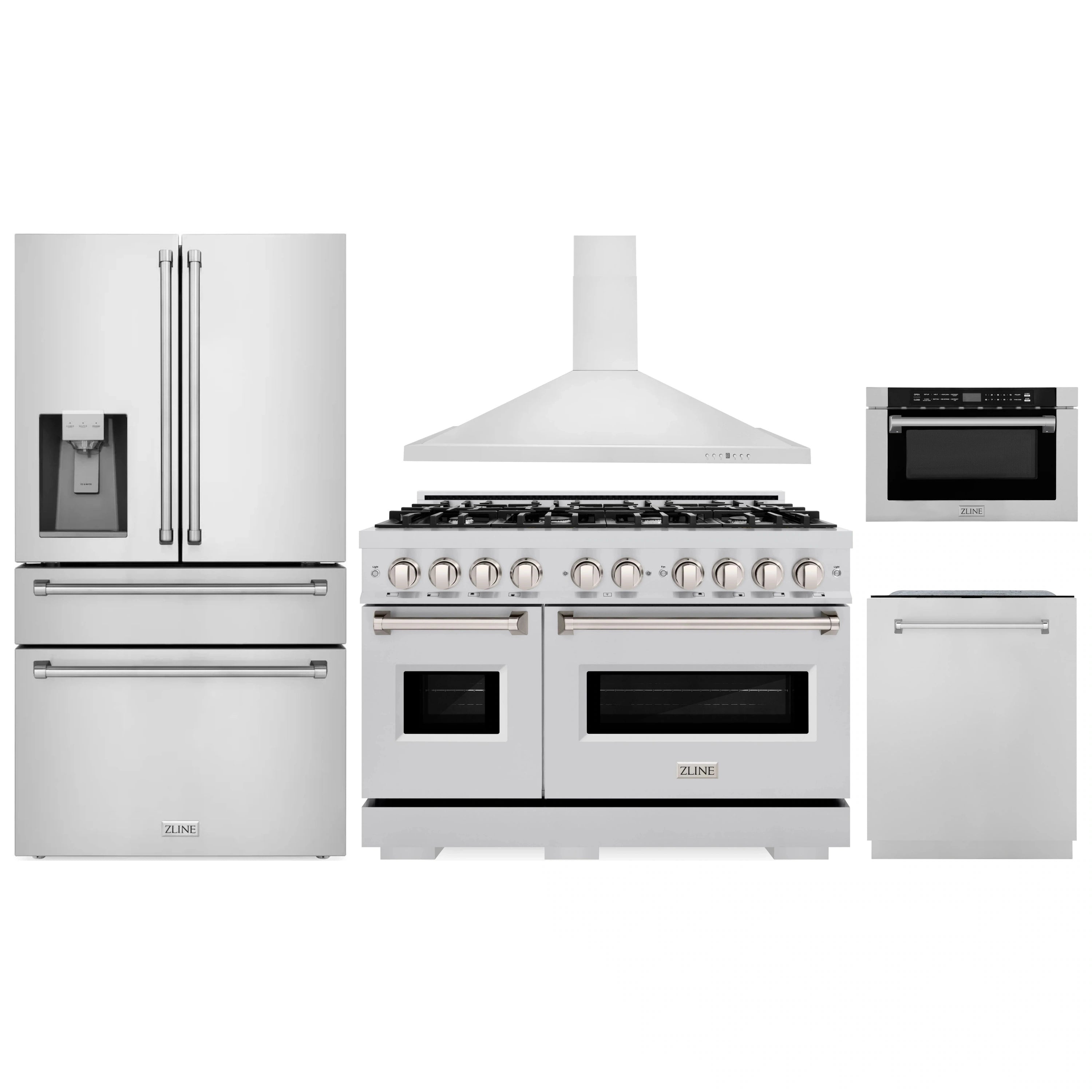 5-piece stainless steel kitchen appliance set: range, hood, fridge, dishwasher, microwave drawer