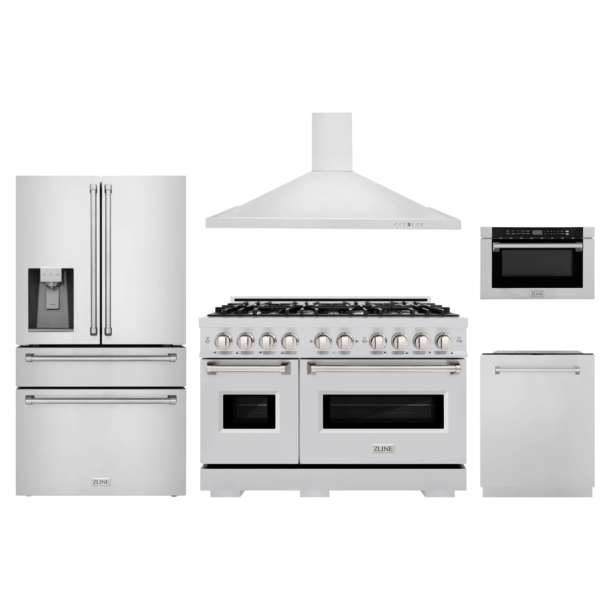 ZLINE 5-Piece Appliance Package - 48-Inch Dual Fuel Range, Hood, Refrigerator with Water Dispenser, Dishwasher, and Microwave Drawer in Stainless Steel