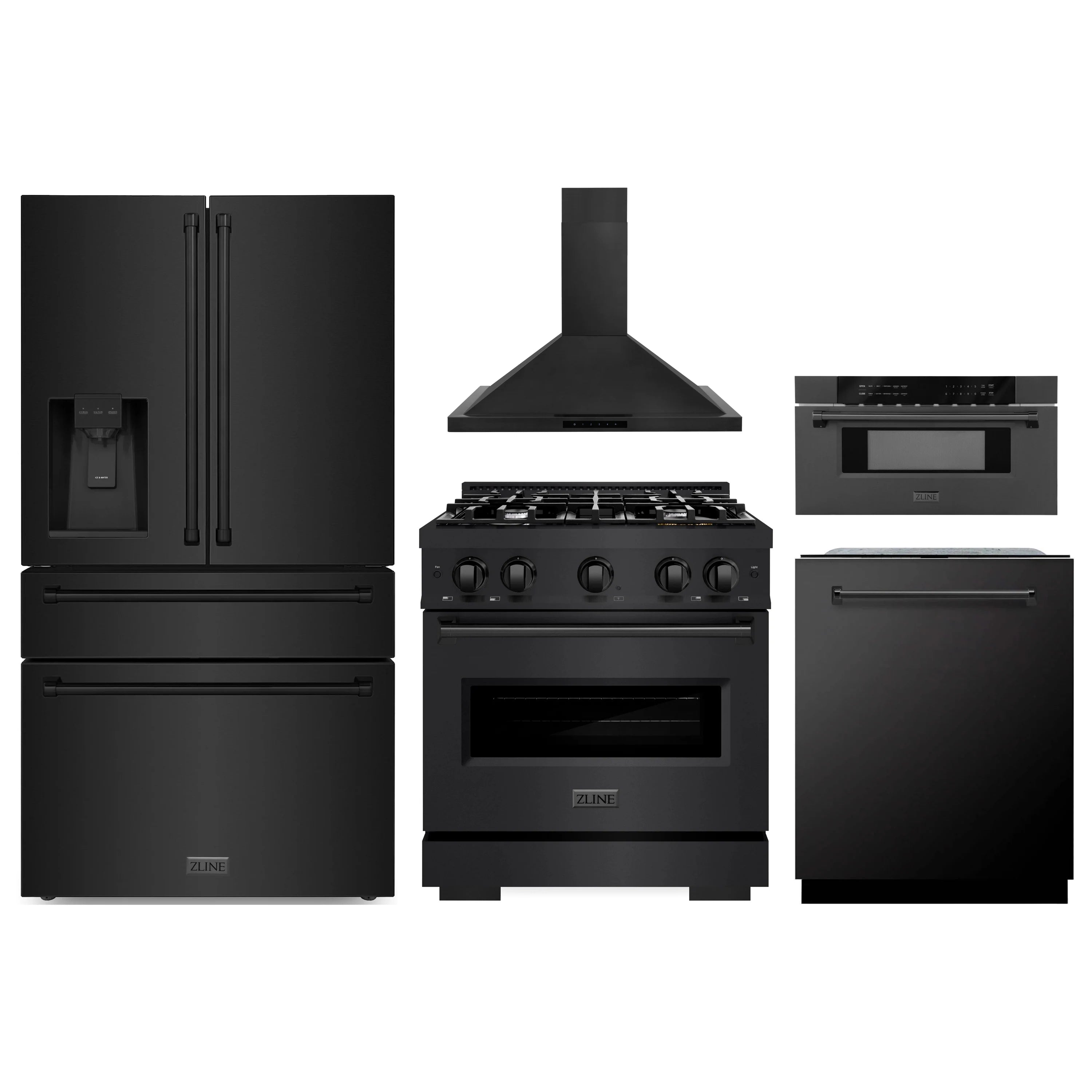 Black stainless kitchen set: refrigerator, range, hood, microwave drawer, dishwasher