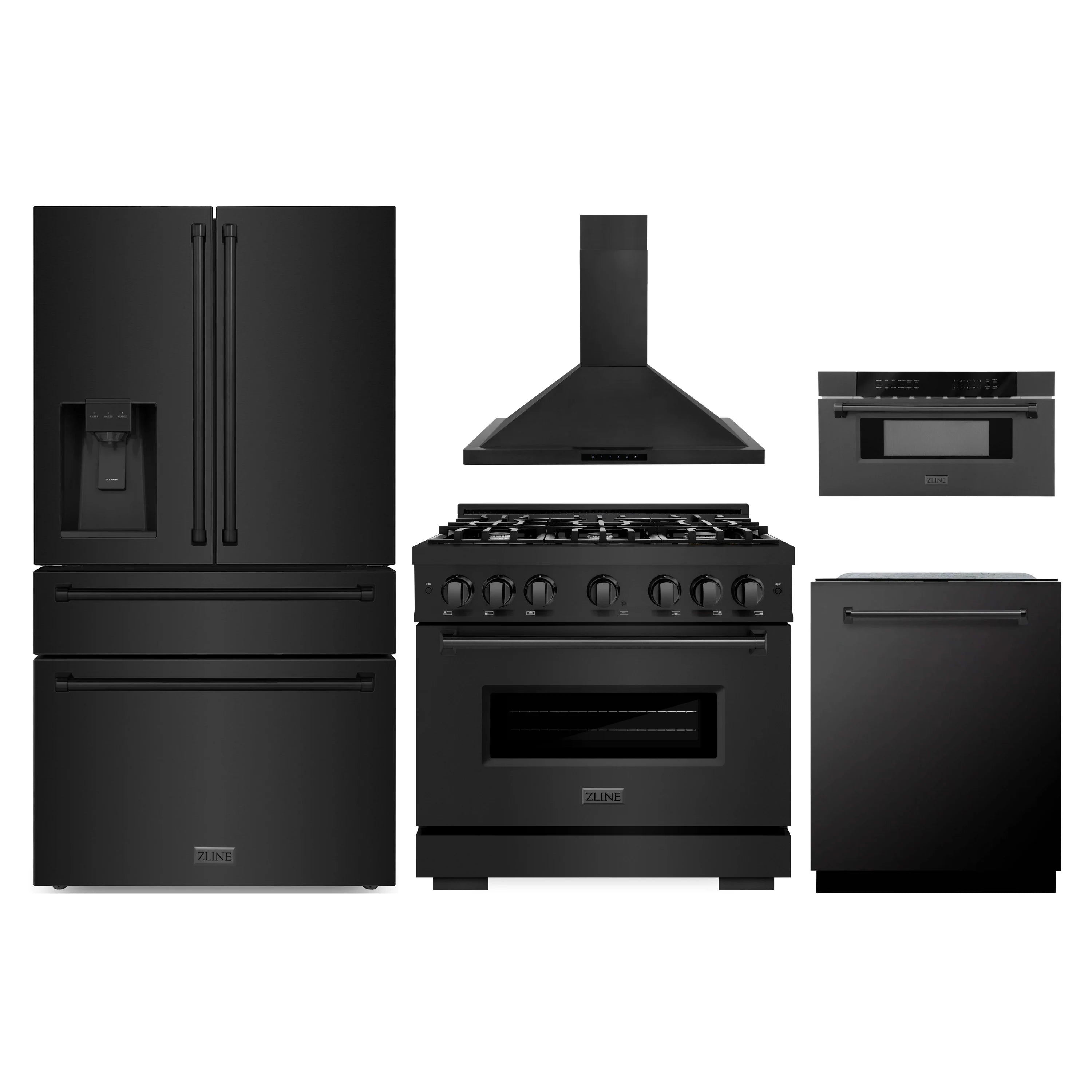 Black stainless steel appliance bundle with refrigerator, range, microwave, and dishwasher