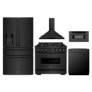 ZLINE 5-Piece Appliance Package - 36-Inch Classic Dual Fuel Range, Wall Mount Range Hood, 36-Inch French Door Refrigerator with Water Dispenser, Dishwasher, and 30-Inch Microwave Drawer in Black Stainless Steel