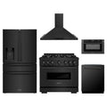 ZLINE 5-Piece Appliance Package - 36-Inch Dual Fuel Range, Hood, Refrigerator with Water Dispenser, Dishwasher, and Microwave Drawer in Black Stainless Steel