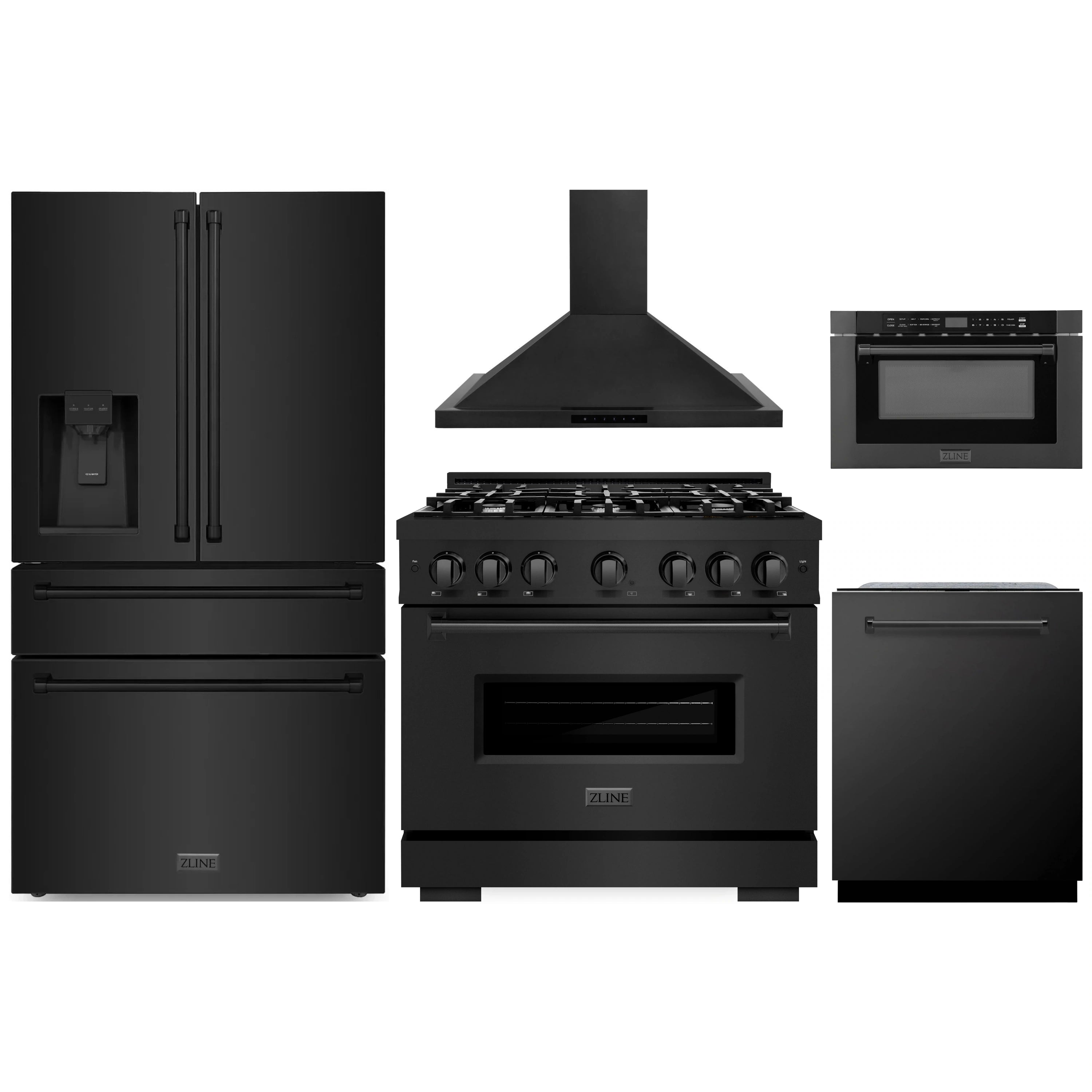5-piece black appliance package: refrigerator, range, hood, dishwasher, microwave drawer