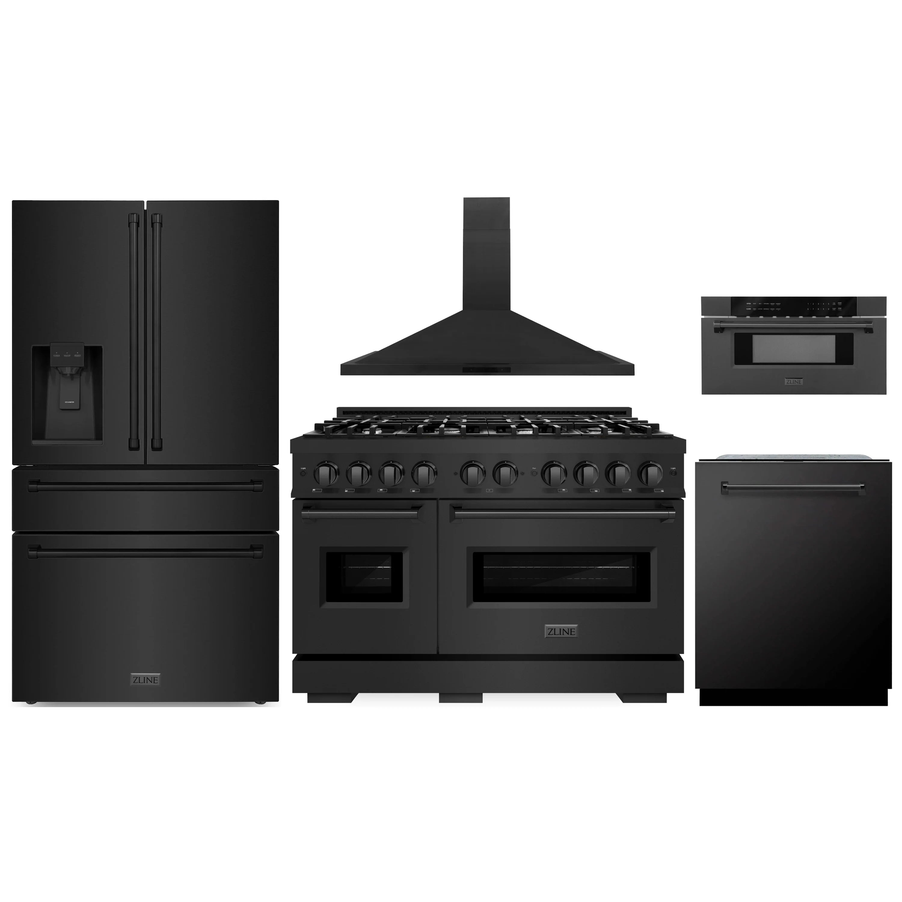Black stainless appliance set: dual-fuel range, range hood, fridge, dishwasher, microwave