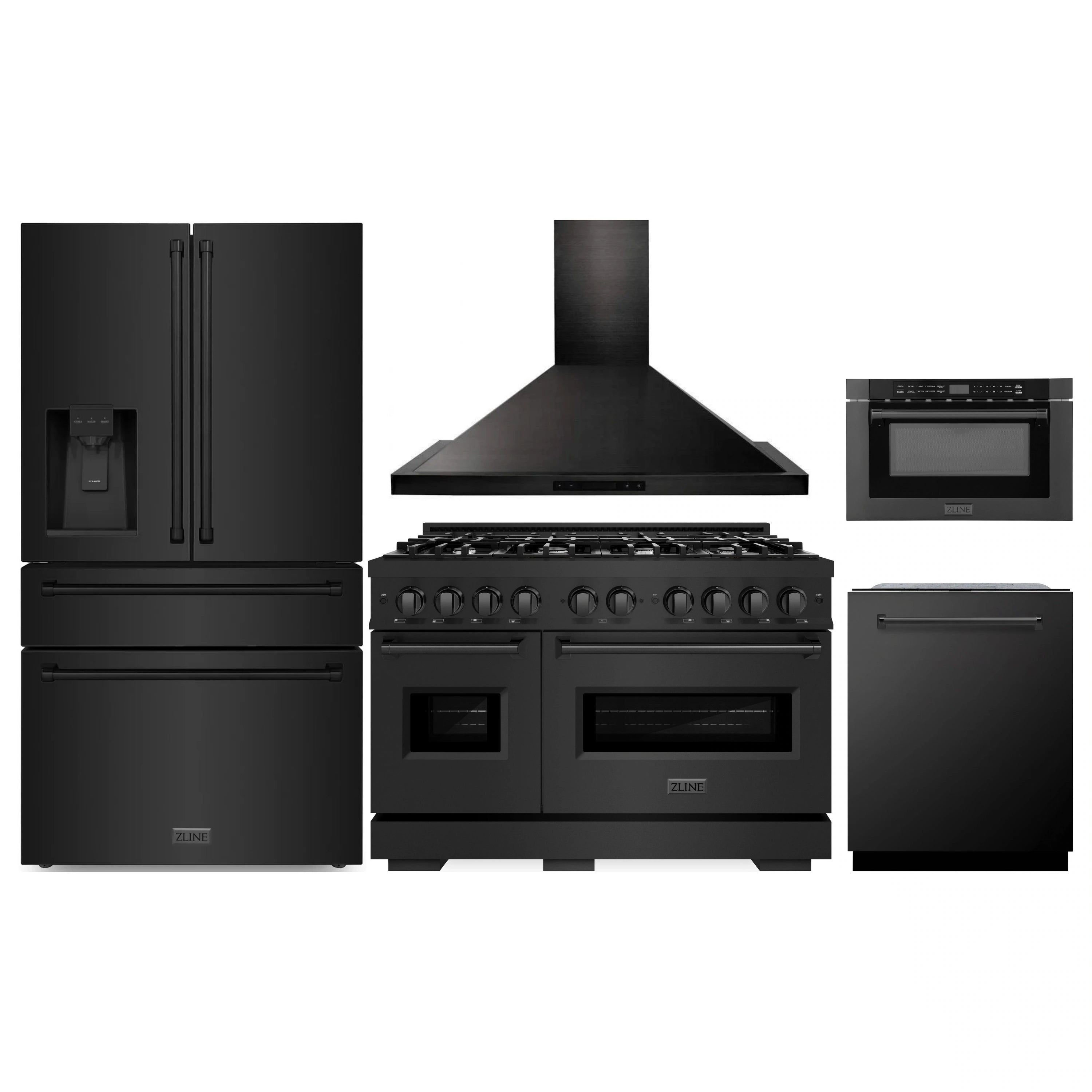 Black stainless steel set: refrigerator, range, hood, dishwasher, microwave