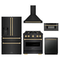 ZLINE 5-Piece Appliance Package - 30-Inch Autograph Edition Dual Fuel Range, Wall Mount Range Hood, 36-Inch French Door Refrigerator with Water Dispenser, Dishwasher, and 30-Inch Microwave Drawer in Black Stainless Steel with Champagne Bronze Accents