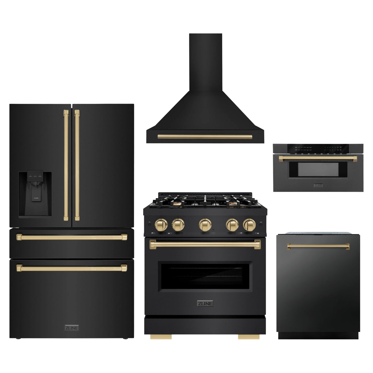ZLINE 5-Piece Appliance Package - 30-Inch Autograph Edition Dual Fuel Range, Wall Mount Range Hood, 36-Inch French Door Refrigerator with Water Dispenser, Dishwasher, and 30-Inch Microwave Drawer in Black Stainless Steel with Champagne Bronze Accents