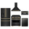ZLINE 5-Piece Appliance Package - 30-Inch Autograph Edition Dual Fuel Range, Wall Mount Range Hood, 36-Inch French Door Refrigerator with Water Dispenser, Dishwasher, and 30-Inch Microwave Drawer in Black Stainless Steel with Champagne Bronze Accents
