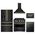 ZLINE 5-Piece Appliance Package - 30-Inch Dual Fuel Range, Hood, Refrigerator with Water Dispenser, Dishwasher, and Microwave Drawer in Black Stainless Steel with Champagne Bronze Accents