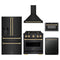 ZLINE 5-Piece Appliance Package - 30-Inch Dual Fuel Range, Hood, Refrigerator with Water Dispenser, Dishwasher, and Microwave Drawer in Black Stainless Steel with Champagne Bronze Accents