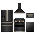 ZLINE 5-Piece Appliance Package - 30-Inch Dual Fuel Range, Hood, Refrigerator with Water Dispenser, Dishwasher, and Microwave Drawer in Black Stainless Steel with Gold Accents
