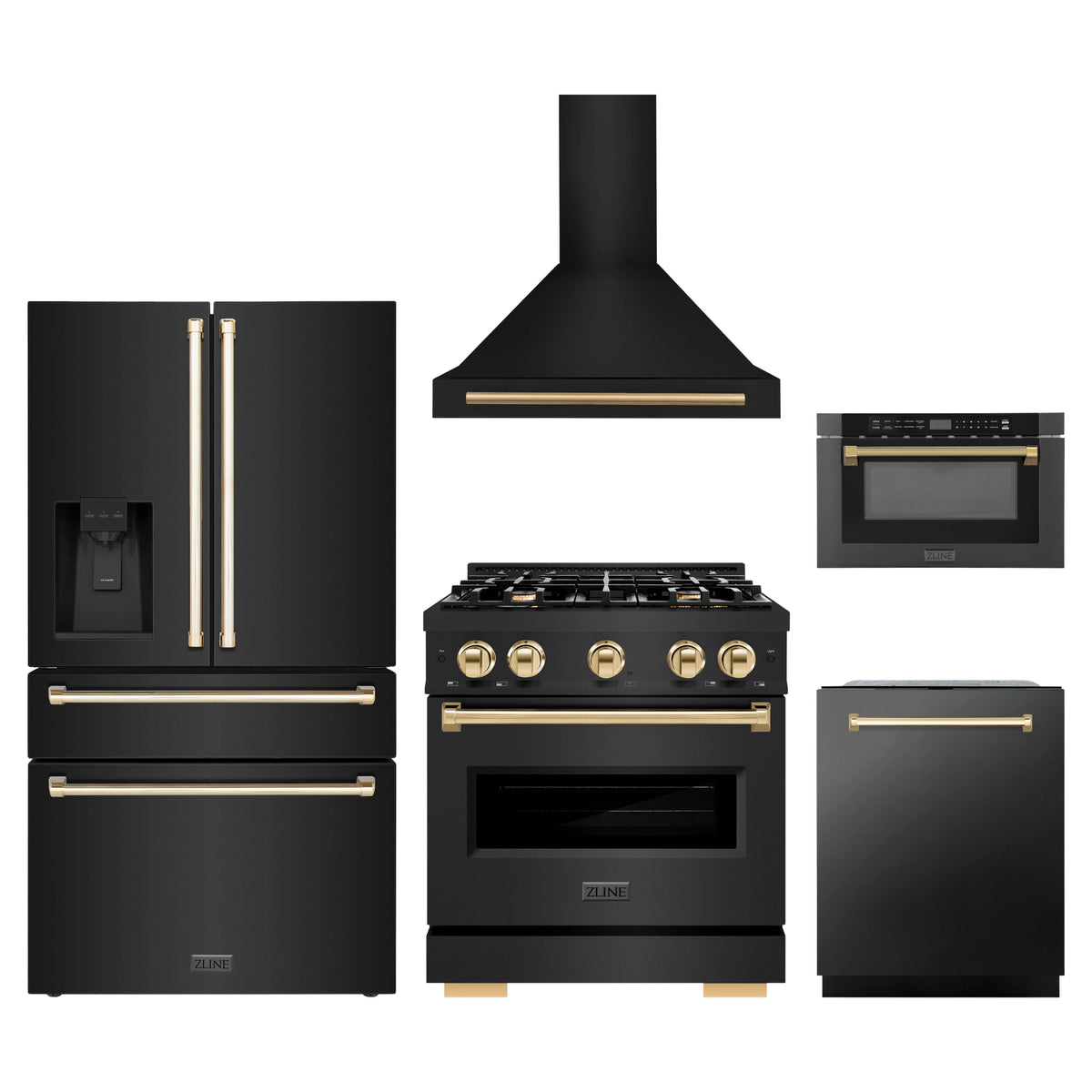 ZLINE 5-Piece Appliance Package - 30-Inch Dual Fuel Range, Hood, Refrigerator with Water Dispenser, Dishwasher, and Microwave Drawer in Black Stainless Steel with Gold Accents