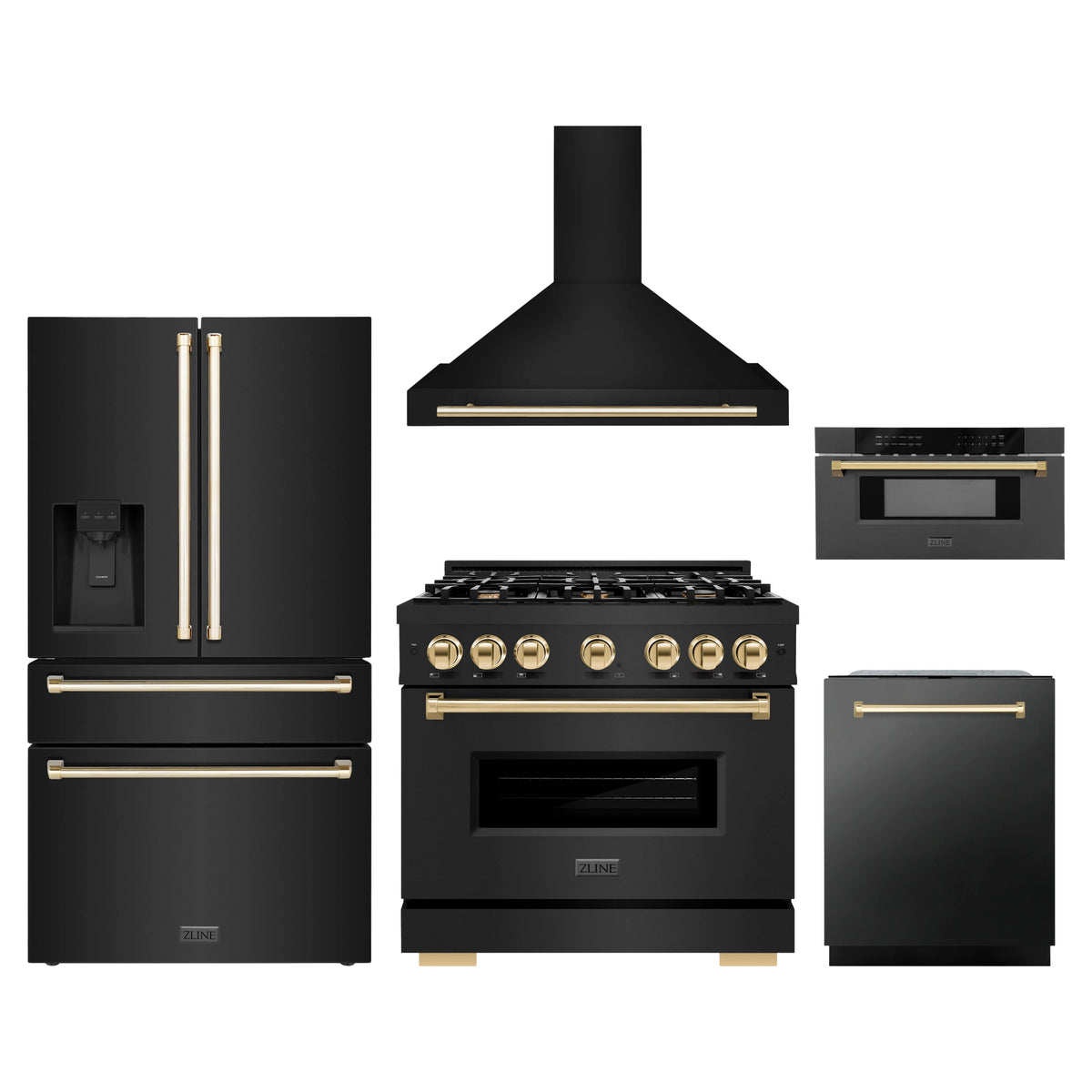 ZLINE 5-Piece Appliance Package - 36-Inch Autograph Edition Dual Fuel Range, Wall Mount Range Hood, 36-Inch French Door Refrigerator with Water Dispenser, Dishwasher, and 30-Inch Microwave Drawer in Black Stainless Steel with Gold Accents