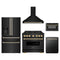 ZLINE 5-Piece Appliance Package - 36-Inch Dual Fuel Range, Hood, Refrigerator with Water Dispenser, Dishwasher, and Microwave Drawer in Black Stainless Steel with Gold Accents